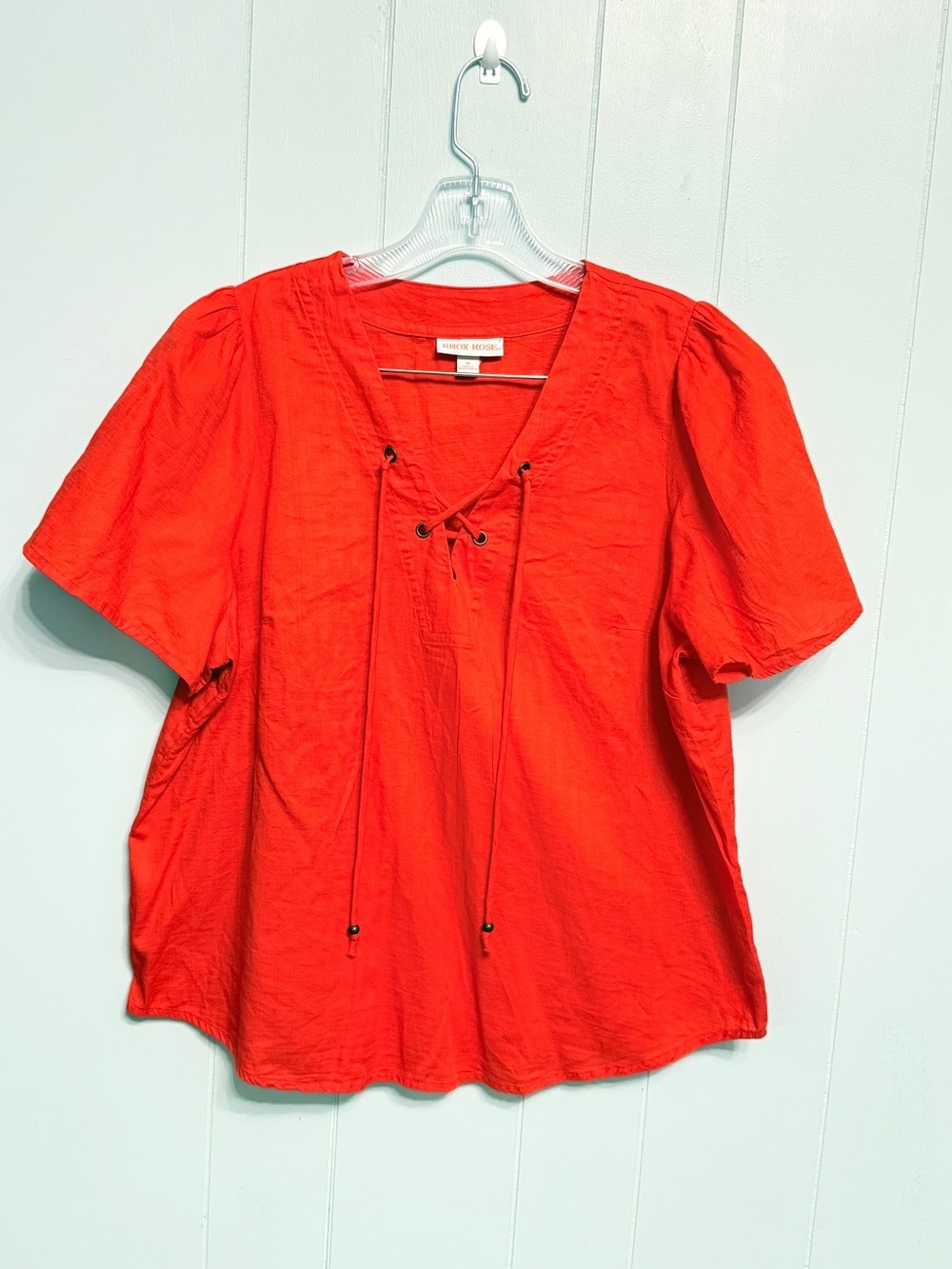 #19) Knox Rose Red Cotton Lace-Up V-Neck Short Sleeve Blouse